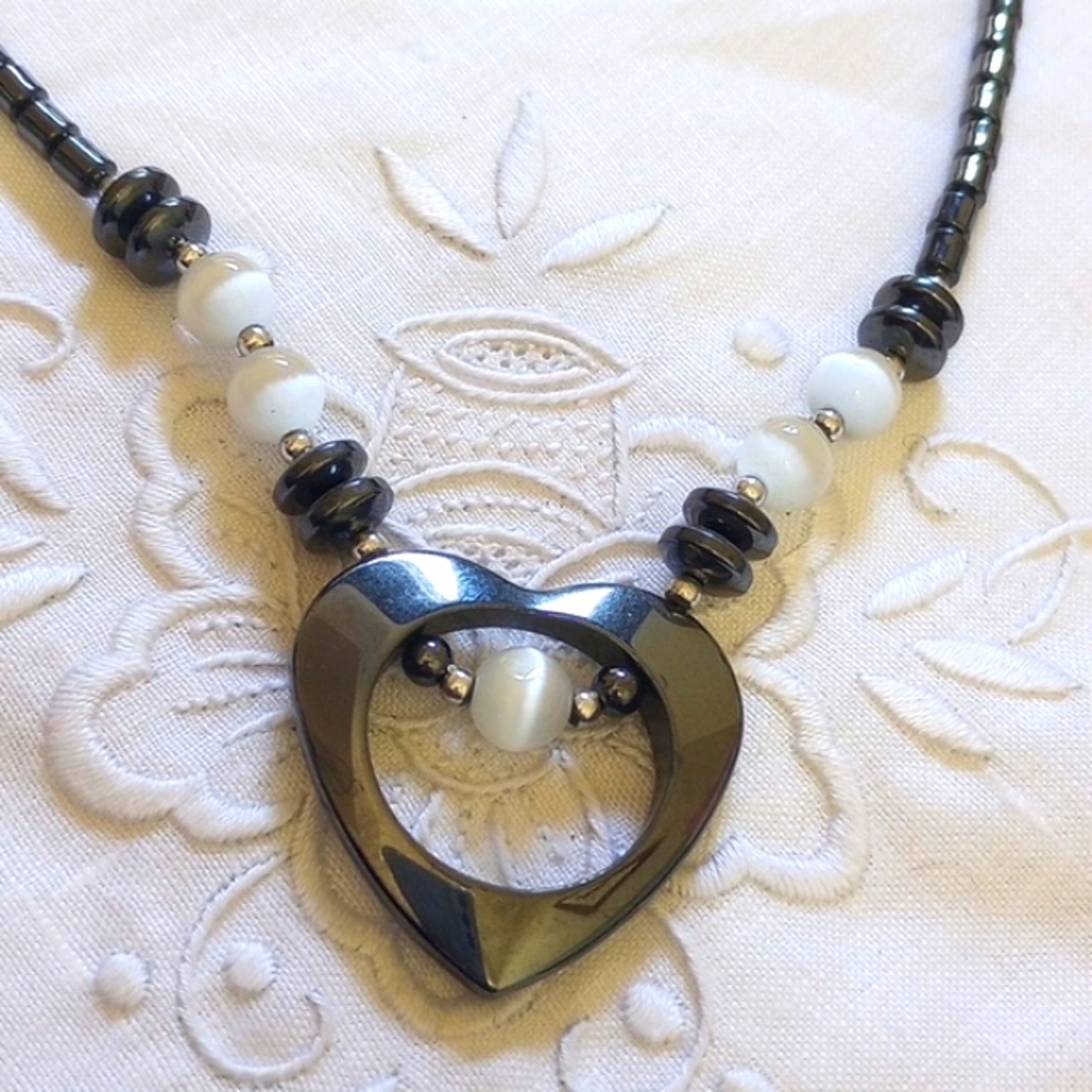 Vintage open heart hematite pendant and bead necklace white cat eye accent beads